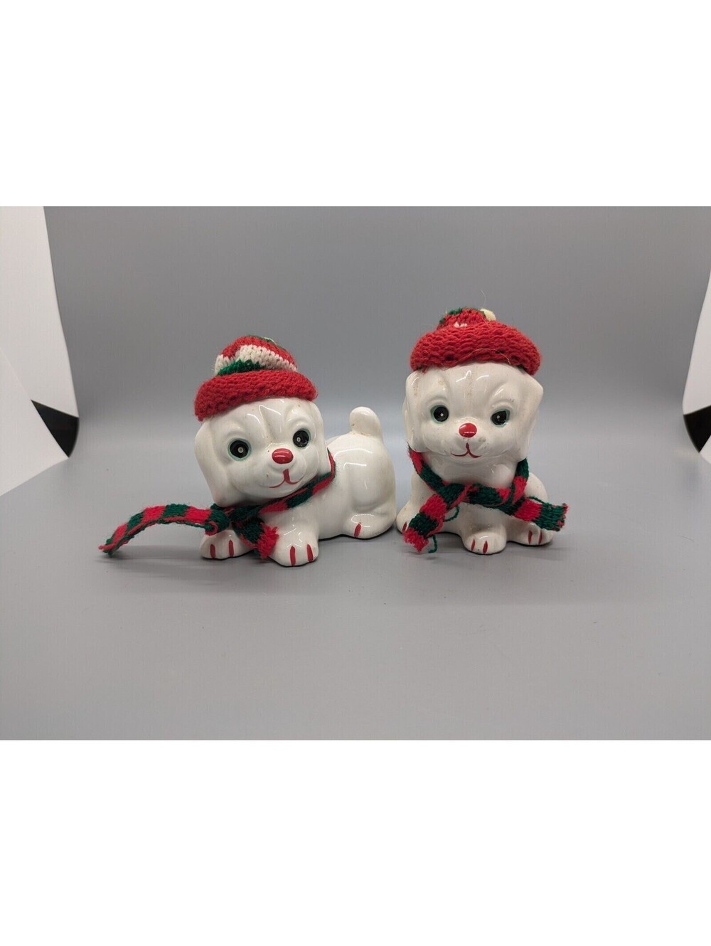 Vintage White Dogs With Knit Hats Christmas Figures Set Of 2 3.5" Figurine Dog
